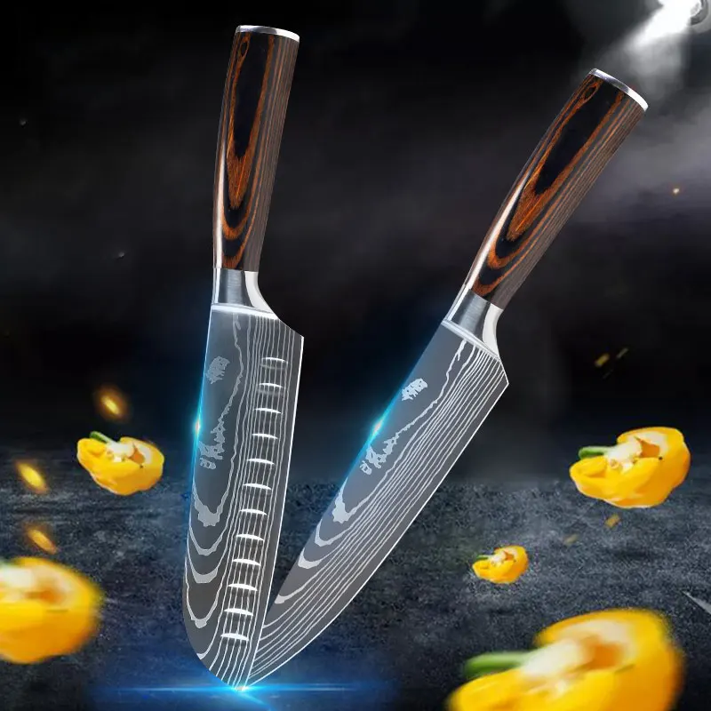 Kitchen Knife Set Stainless Steel Blades Damascus Laser Drawing Chef Knife Sets Santoku Utility Paring Cooking Tools Gift Knives
