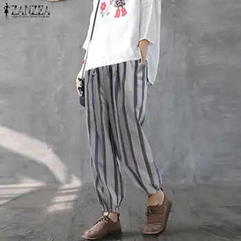 

ZANZEA Women Loose Elastic Waist Long Trousers Striped Pants Casual Pockets Wide Legs Pantalones Harem Streetwear Oversized 5XL