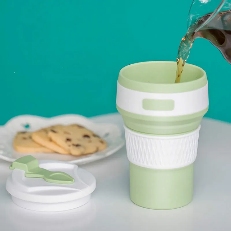 2pc/set Silicone Folding Cup Portable Travel Telescopic Mug with Straw Mug Gift Coffee Cup Outdoor Folding Cup Folding Juice Cup
