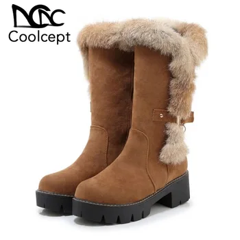 

Coolcept Women Mid Calf Boots Round Toe Zipper Thick Heels Boots Winter Warm With Fur Solid Color Woman Footwear Size 33-43