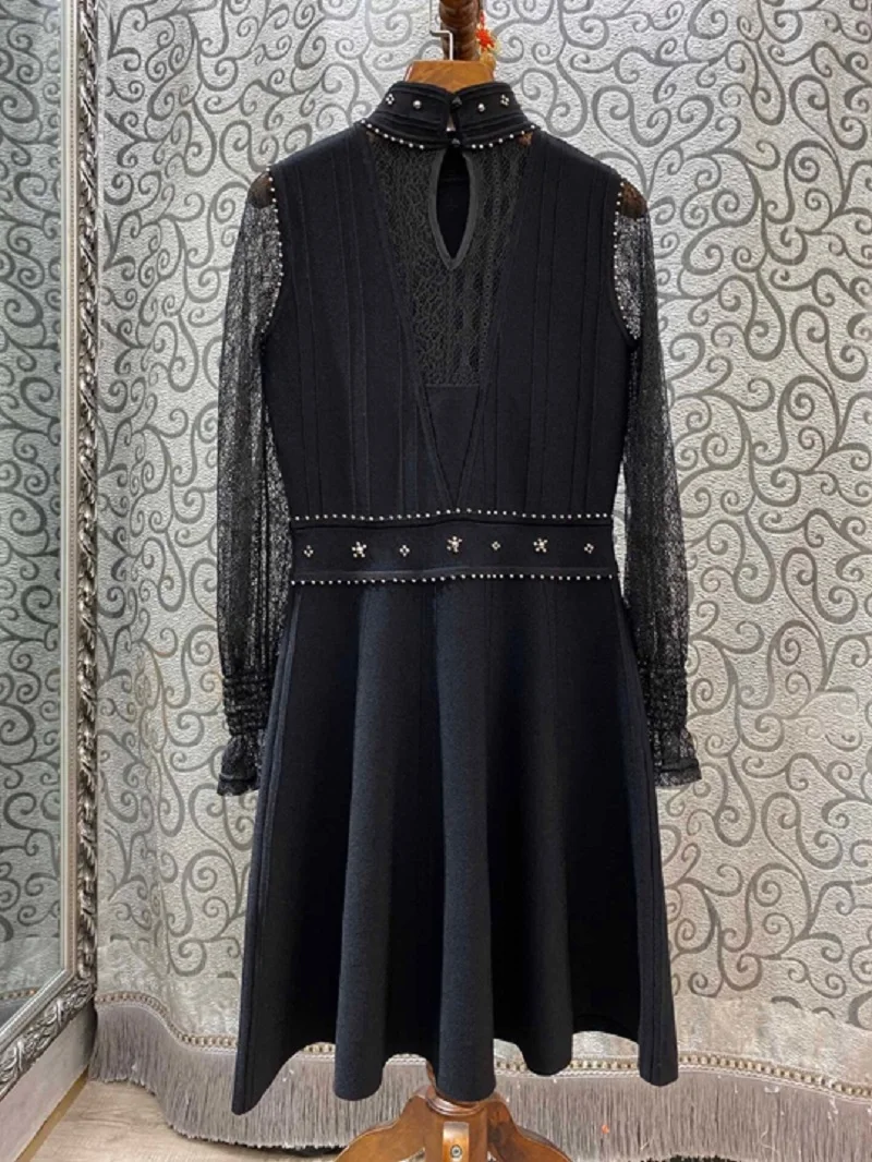 High Quality Sweater Dress Autumn Winter Casual Knitwear Women Vintage Beading Lace Patchwork Long Sleeve Knitted Dress
