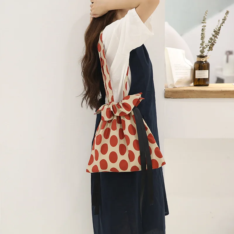 Original shoulder bag Harajuku style polka dot drawstring student simple fresh shopping canvas art |