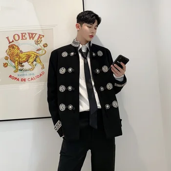 

Men Stand Collar Vintage Embroidery Loose Casual Suit Jacket Male Streetwear Hip Hop Gothic Blazer Coat Outerwear Stage Clothes