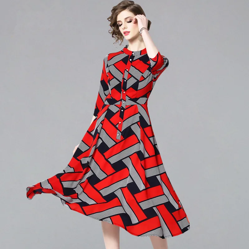 New Long Vestidos Womens Elegant Vintage Geometric Print Dresses Fashion Slim Plus Size Work Office Casual Party Dress