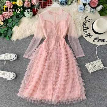 

Young Gee Spring Women Vintage Lace Patchwork Ruffles Cake Dress Tunic Elegant White Pink Black Party Dresses vestidos de verano