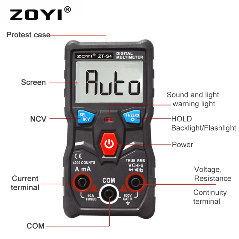 ZOYI 4000 отсчетов NCV Цифровой мультиметр testerautoranging True rms с ЖК-подсветкой большой экран мультиметр тестер