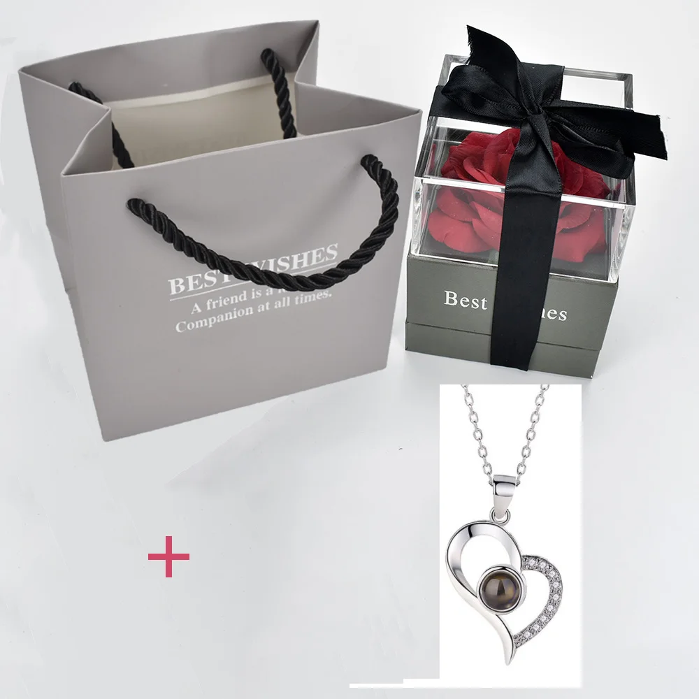 red with necklace 5 Красный цветок розы коробка ювелирных изделий декоративные цветы держатель Чехол 100 языков я люблю тебя Романтическая любовь ожерелье для девушки подарок - Цвет: red with necklace 5