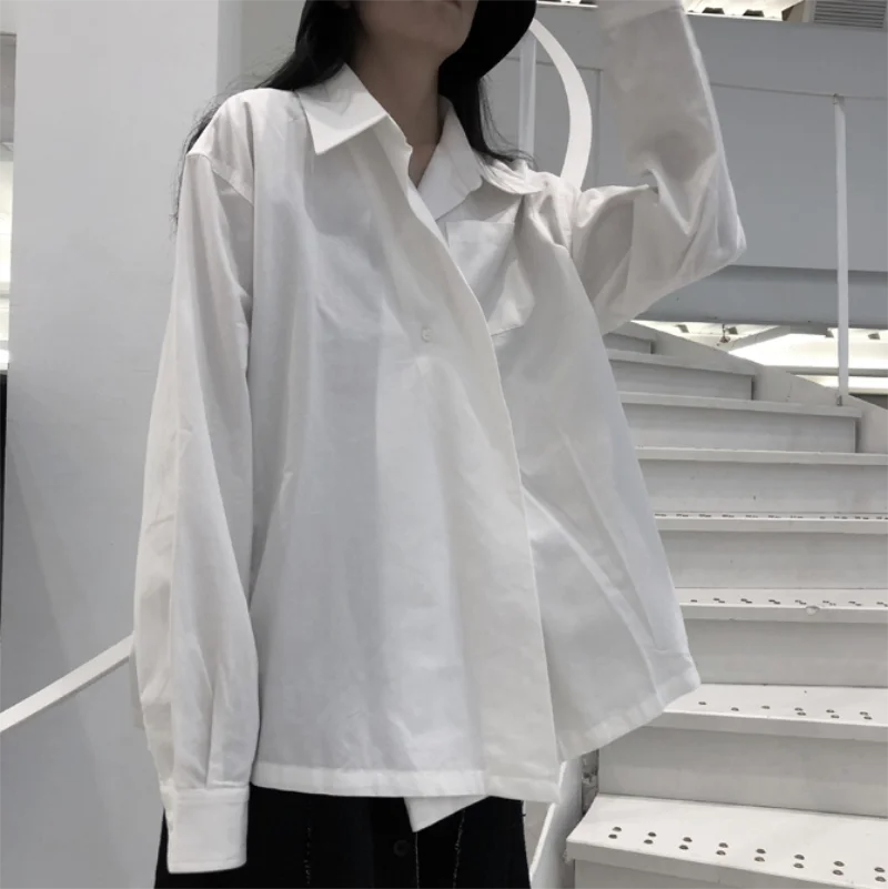 Autumn women's new square collar solid color irregular cross hidden button design loose fashion long sleeve shirt