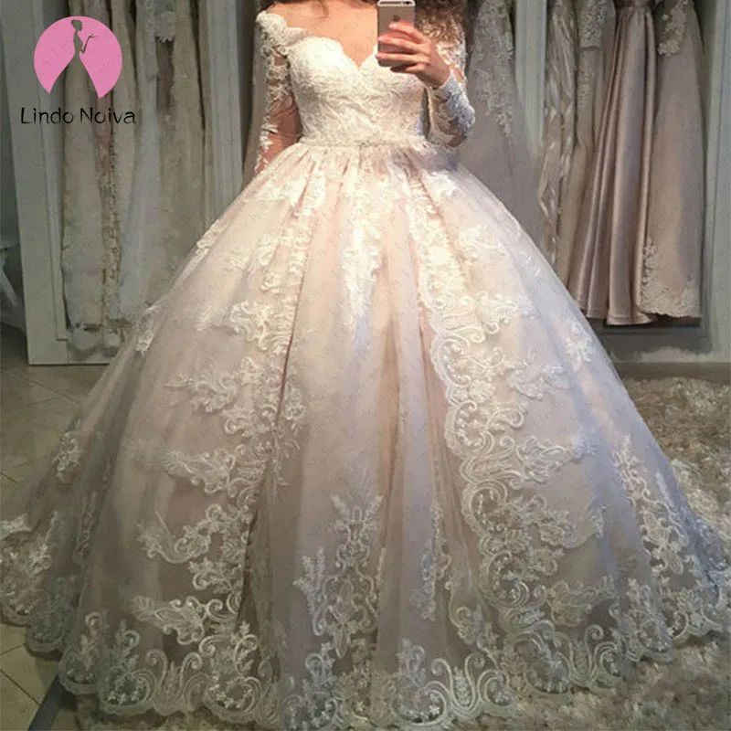 Мусульманское платье Vestido De Noiva, элегантное кружевное бальное платье принцессы с длинным рукавом и v-образным вырезом, свадебные платья на шнуровке, свадебные платья, Robe De Mariee
