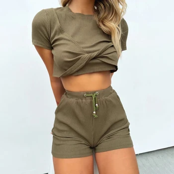 

Sexy Turtleneck Two-piece Women Shorts Set Casual Short Sleeve Womens Tracksuit Tight Female Suits Summer Sport Suit
