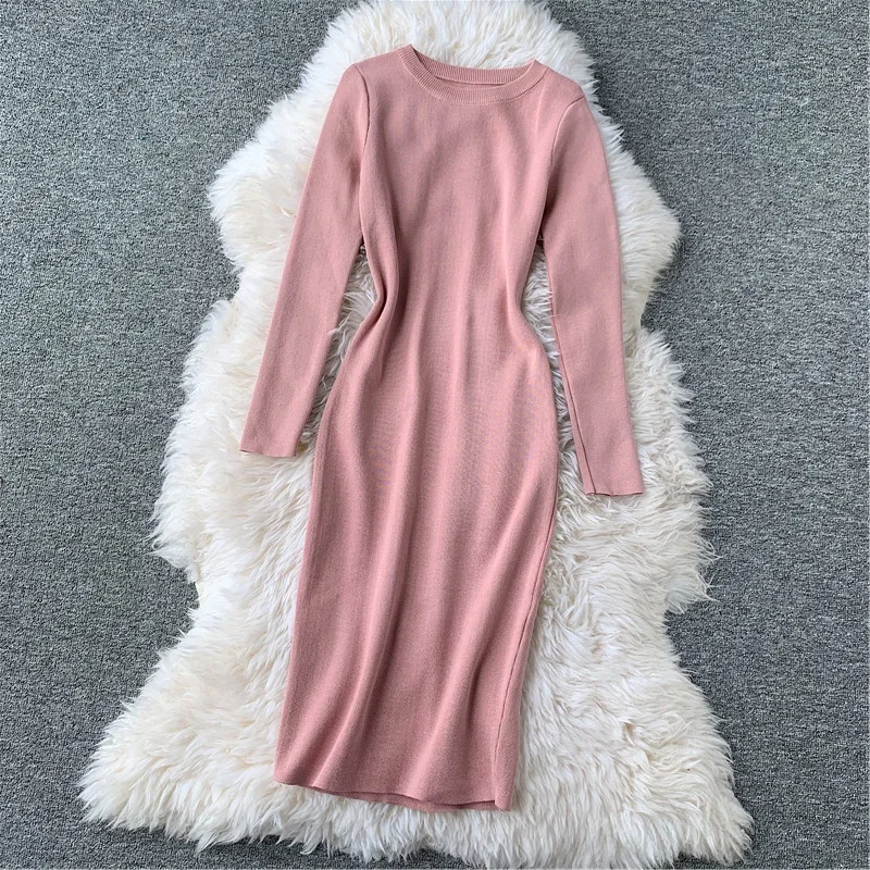 

Lady Knitted Dress for Women Autumn and Winter 2019 Round Neck Solid Color Package Hip Sweater Casual Vestidos J619
