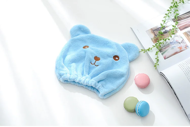 BLUE Новинка, милый медведь, шапочка для ванной, мягкая микрофибра, тюрбан для волос, шапка для быстрой сушки волос, обернутое полотенце, шапочка для купания, для волос, скоростная сухая шапочка для душа - Цвет: BLUE