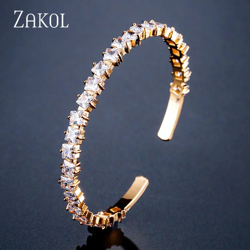 Gold Color ZAKOL Модный Зеленый квадратный Браслет-манжета с кубическим цирконием для женщин и девушек, вечерние ювелирные изделия на свадьбу, FSBP2147 - Окраска металла: Gold Color