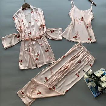 

Pajamas Women's Autumn Printing Long Sleeve Simulation Silk Home Clothing Thin Sexy Small Style Three-piece Suit Can Be Worn