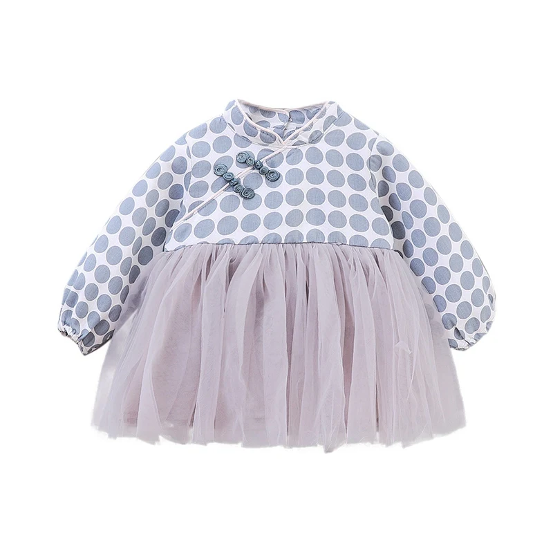 

Autumn Dress for Girls Casual Baby Girls Long Sleeve Chinese Style Dot Print Mesh Dress Kids Pageant Princess Dresses #p