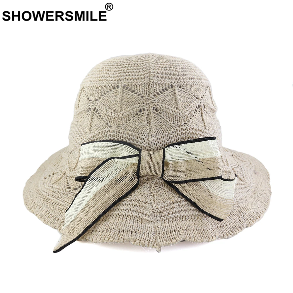 

SHOWERSMILE Summer Sun Hats for Women Bowknot Hat Travel Khaki White Pink Gray Vintage Folding Brach Ladies Hats