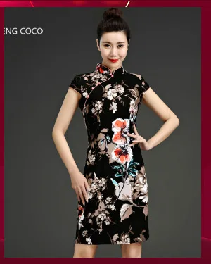 SHENG COCO зеленые желтые восточные платья Cheongsam летние женские повседневные Короткие вечерние платья Чонсам китайские цветы магнолии Qipao