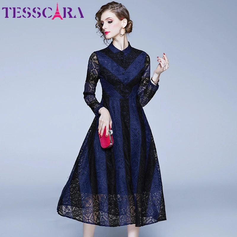 TESSCARA, женское осеннее элегантное кружевное платье в полоску, рубашка, женские офисные вечерние платья, высокое качество, дизайнерские винтажные коктейльные платья