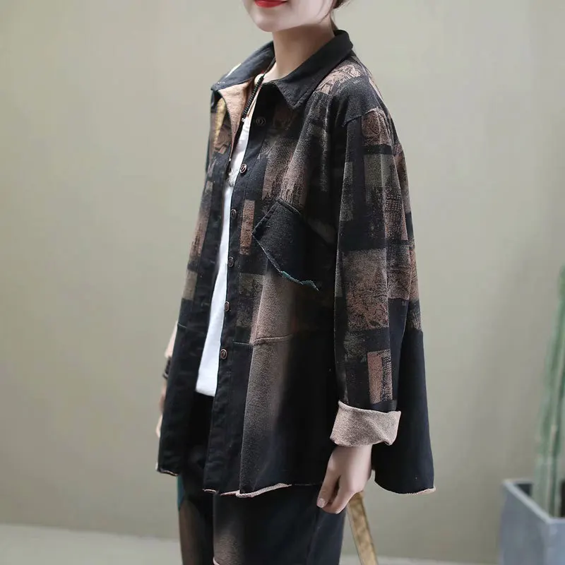 Повседневный Женский костюм с винтажным принтом свободная рубашка пуговицами и