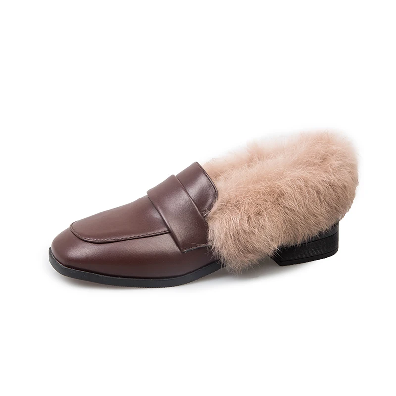 winter warm long plush small leather shoes brown/matte/patent leather square toe slip-on moccasins British student/OL work shoes