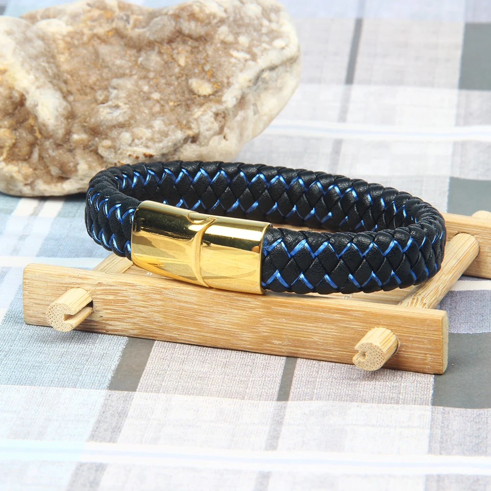 Ailatu New Genuine Blue String Braided Stainless Steel Bangles Magnet Buckle Rope Chain Male Gift