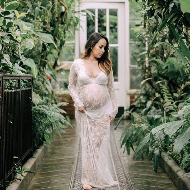 Long Sleeve Lace Maternity Gown Maxi 