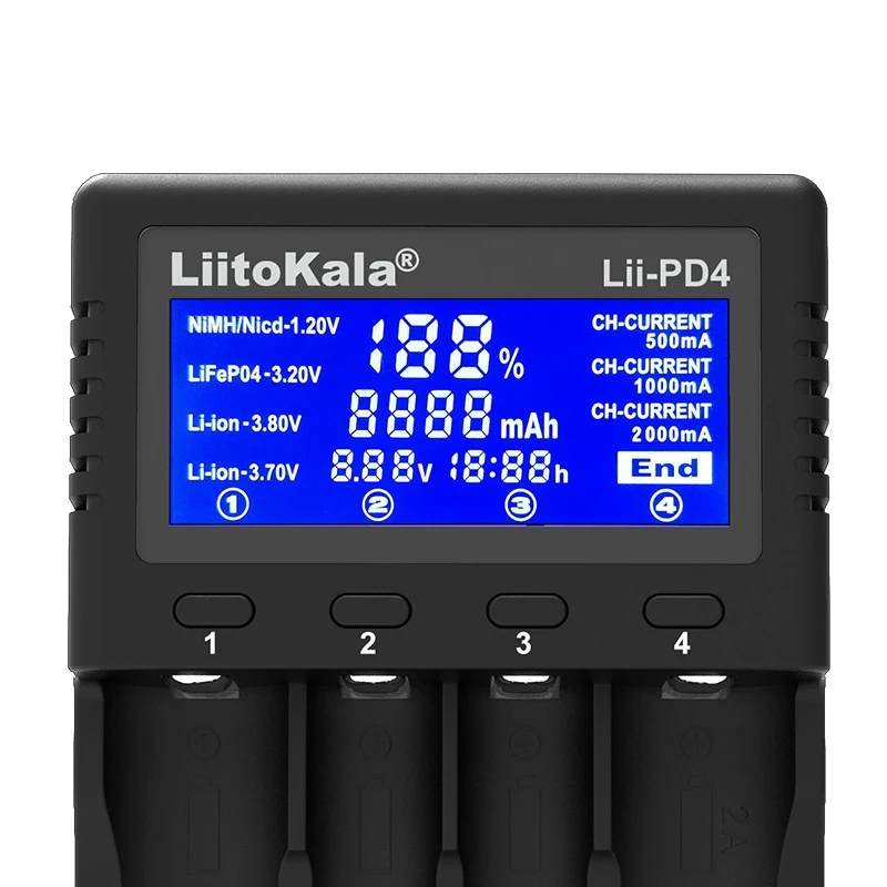 Liitokala Lii-PD4 18650 зарядное устройство, Зарядка 18650 1,2 в 3,7 в 3,2 в 3,85 В AA/AAA 26650 16340 25500 NiMH литиевая батарея зарядное устройство