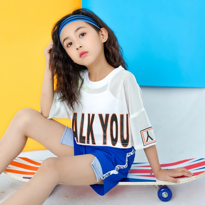 Children White Jazz Dance Costumes Girls Letter Crop Top Blue Shorts Dance Sets Hip Hop Modern Party Stage Outfits (19)