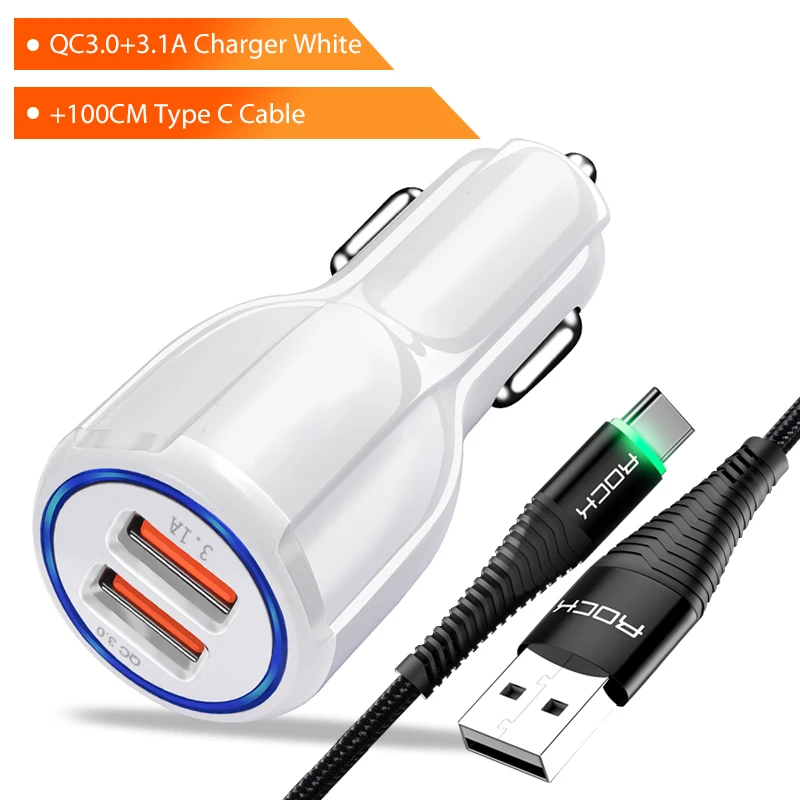 Power Set For Type C Автомобильное зарядное устройство ROCK QC 3,0 с двумя usb-портами для iPhone, samsung, Xiaomi, Quick Charge 3,0 2,0, зарядное устройство для мобильного телефона, 2 порта, USB, быстрое автомобильное зарядное устройство - Тип штекера: Power Set For Type C