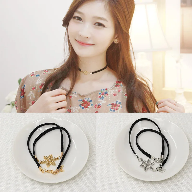 

Newest Rope Necklace for Women Suede Fabric Chockers Necklace Gold Alloy Snowflake Collar Necklaces for Women Silver Jewelry