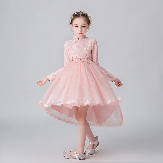 pink Бальное платье с длинным рукавом и цветочным узором для девочек, красные детские платья для причастия кружевные пышные платья детское Новогоднее платье - Цвет: pink