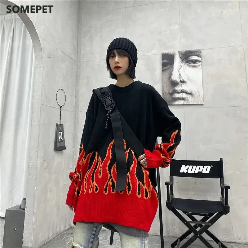 

Winter Korean hip-hop style women's pullover Harajuku basket red pink flame round neck loose plus size women's sweater