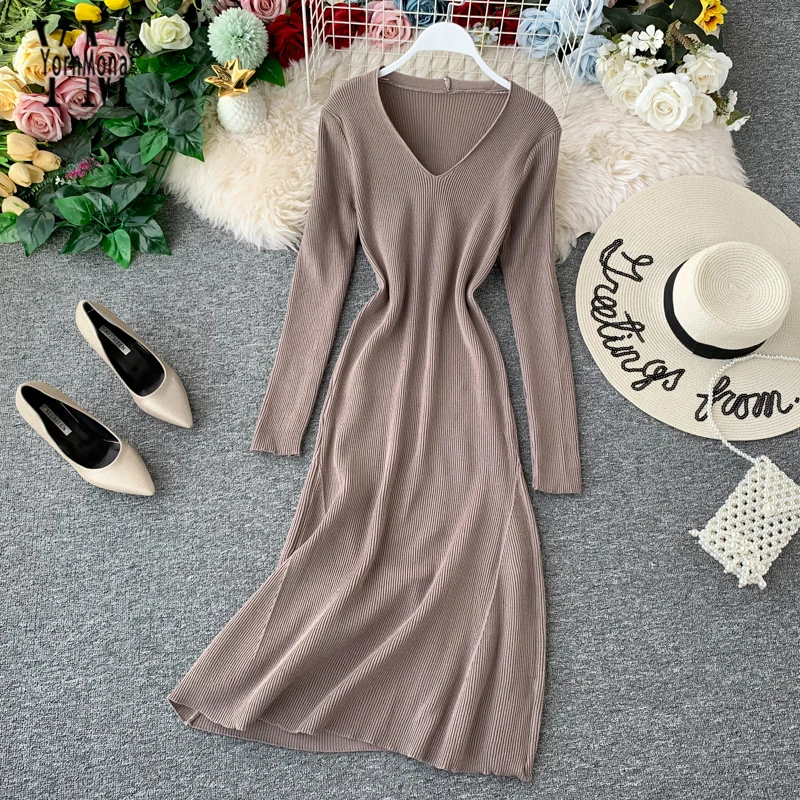 YornMona V Neck Brief Women Long Dress Korean Style Solid Sleeve Knitted Sweater Tunic Casual Female Vestidos | Женская одежда