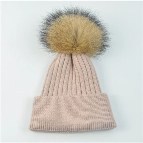 Pink natural fur Женская зимняя шапка, Женская Съемная шапка из натурального меха енота, шапка с помпоном, шерстяная вязаная шапка, шапка с помпоном из натурального меха для женщин, шапочки - Цвет: Pink natural fur
