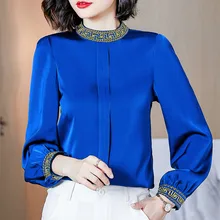 

Blouse Women Embroidered Long Sleeve Womens Tops Stand Neck Vintage Solid Blouses for Women 2022 Basic Woman Clothing OL Shirts