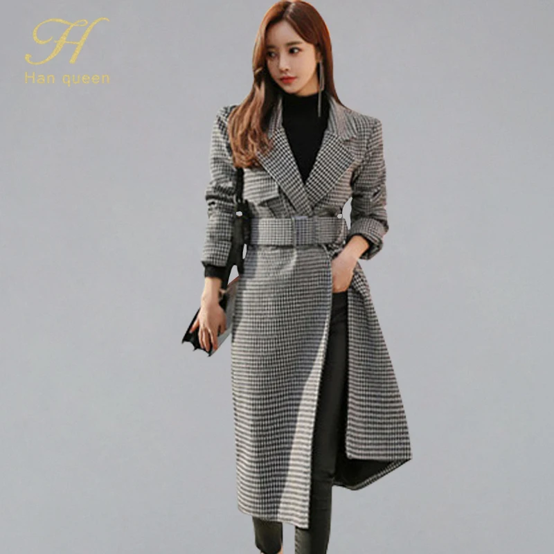 

H Han Queen Vintage Houndstooth Notched Neck Belted Trench Women 2019 Winter Lattice Long Trenches OL Outwear Long Coats Clothes