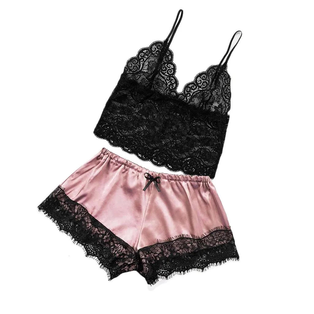 Pink Женская одежда для сна, сексуальное женское белье, атласное кружево, v-образный вырез, камзол шорты, набор, пижама, женская сексуальная одежда для сна, пижама - Цвет: Pink
