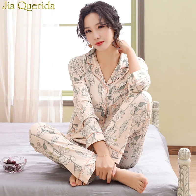 Pajamas For Women New Pure Cotton Women Home Suit XXXL Grey Floral Lapel Cardigan Top+Long Bottoms 2 Pcs Women Pajamas - Цвет: 88448