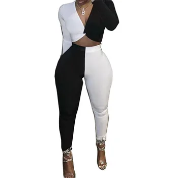 

Women Slim 2PCS Tracksuit Crop tops T Shirt+Pants leggings sets Casual Fitness Patchwork Long Sleeve Outfits Clothes White&Black