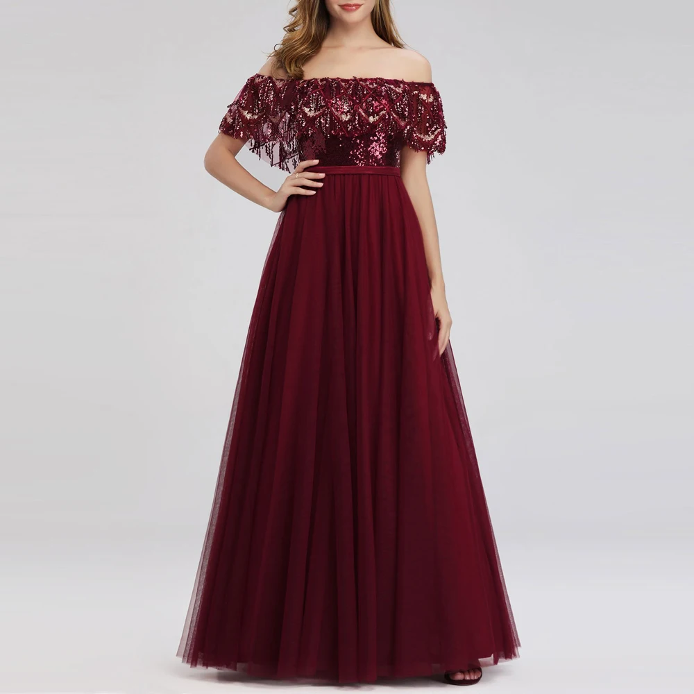 

Saudi Arabia Long Evening Dresses Off Shoulder Ruffles Tassel Sequin Gowns Formal Dresses Burgundy Robe De Soiree Femme