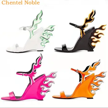 

2019Brand Chentel Leather Wedges Sandals Women Colorful Flame Heels Buckle Strap Chaussures Femme Square Toe Wedding Women Shoes