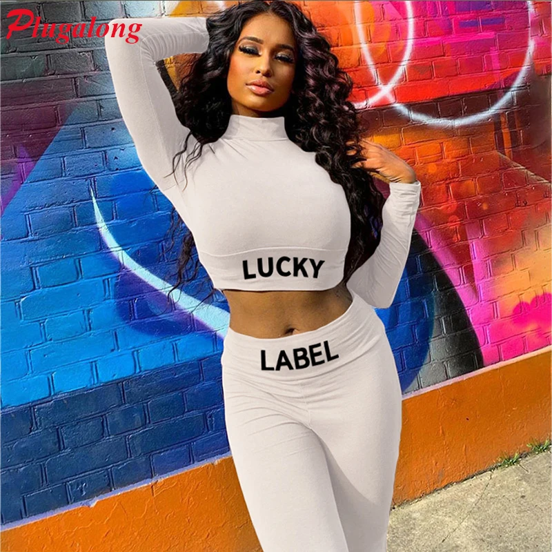 

Plugalong Sportswear For Women Gym Set Fitness Workout Two Pieces Sets Letter Print Tops And Pants Tracsuits Sporty Outfits Club