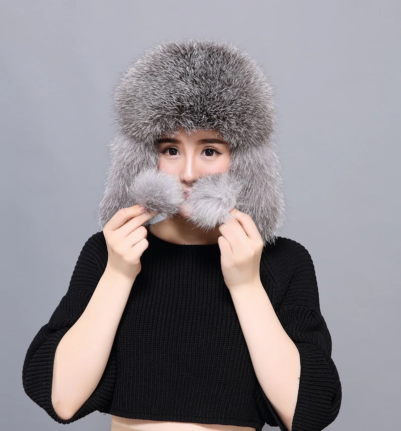Женская шапка из натурального Лисьего меха с меховыми шариками, женские корейские зимние шапки из натурального меха енота для девушек, теплые шапки для катания на лыжах, велоспорта, снежная шапка-бомбер