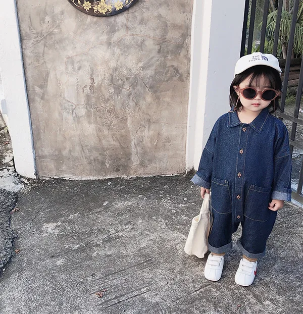 Korean style infant boys girls cartoon printed long sleeve denim Bodysuits 1-6 years kids loose casual jumpsuits