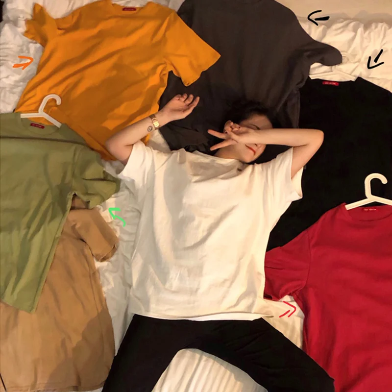 Харадзюку, летняя Новинка, длинная футболка большого размера, 7 однотонных цветов, базовые футболки, Женские повседневные топы, Корейская хипстерская белая футболка, Прямая поставка