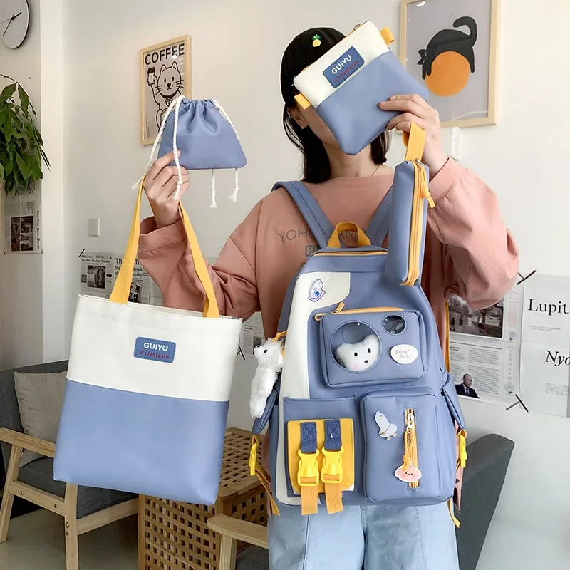 

2021 4 Pcs/Set Harajuku Women Laptop Backpack Canvas School Bags For Teenage Girls Kawaii College Student Kids Book Bag Rucksack