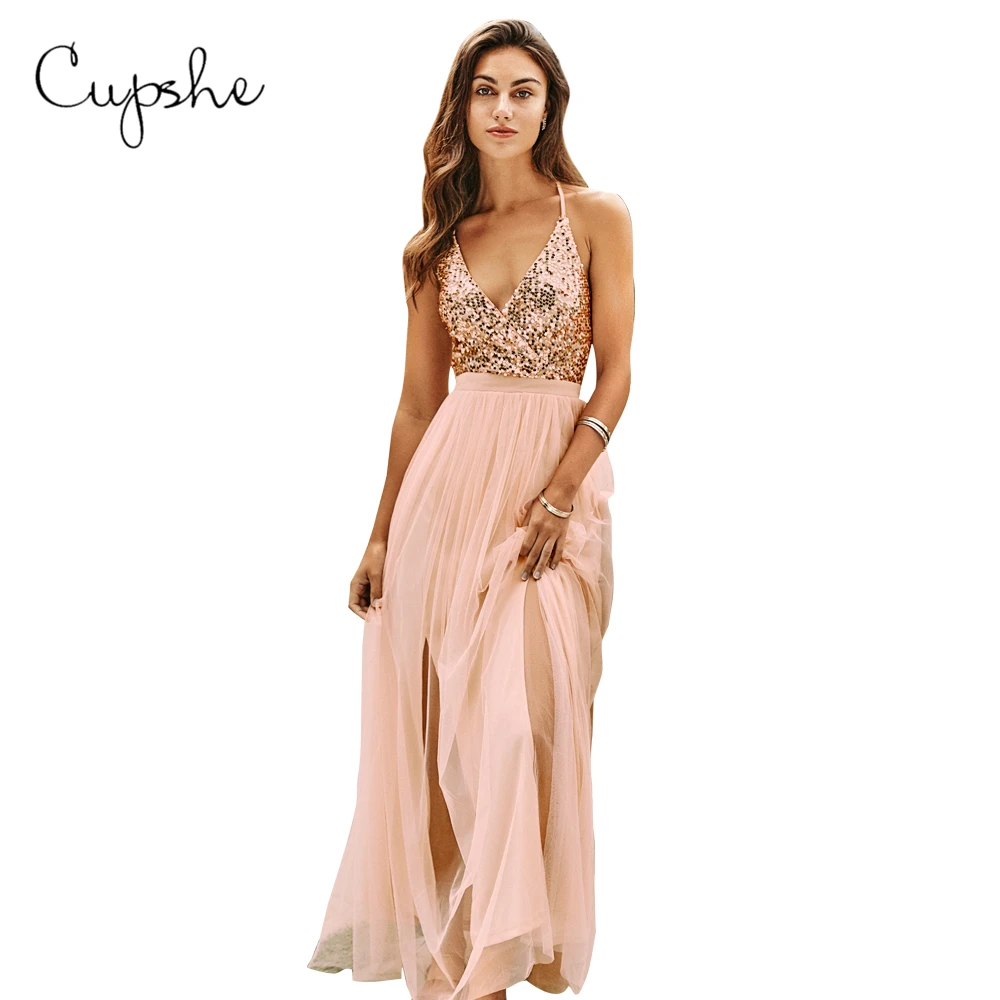 CUPSHE/платье из тюля с блестками; женское сексуальное платье с v-образным вырезом и открытой спиной без рукавов; Длинные Макси-платья; ; Летние Клубные платья для вечеринок