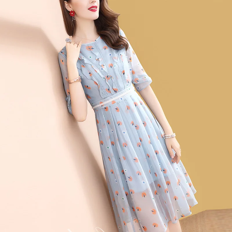 

Ozhouzhan Printed Chiffon Dress Women's Spring And Summer Mid-length 2019 New Style Waist Hugging Popular Summer Skirt