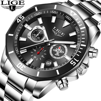 

LIGE 2020 New Fashion 6-Pin Mens Watches Top Brand Luxury Stainless Steel Waterproof Watch Men's Classic Black Clock Chronograph