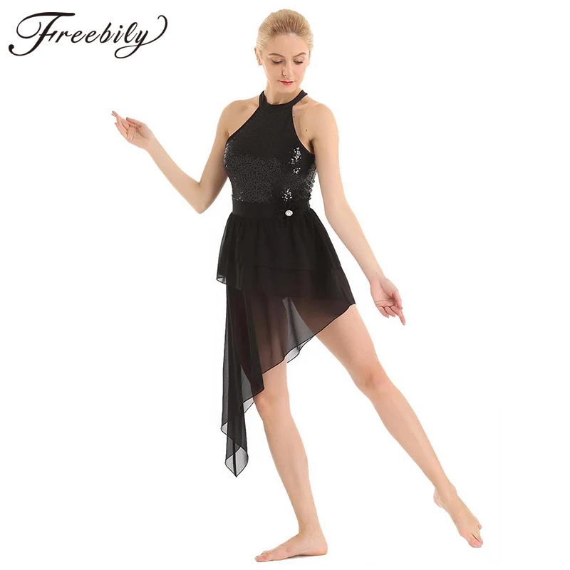 Freebily Women Adults Halter Neck Sequins Mesh Splice Lyrical Ballet Dance Gymnastics Leotard Dress